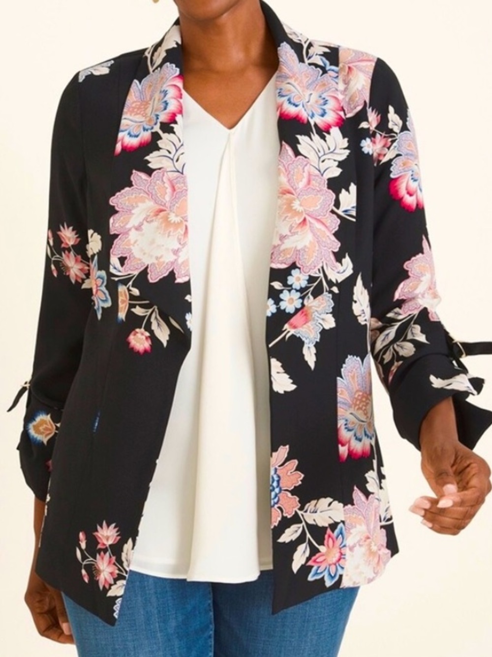 Chicos Blazer Jacket Women’s 1 8/10 Tranquil Floral Open Front Pockets Medium